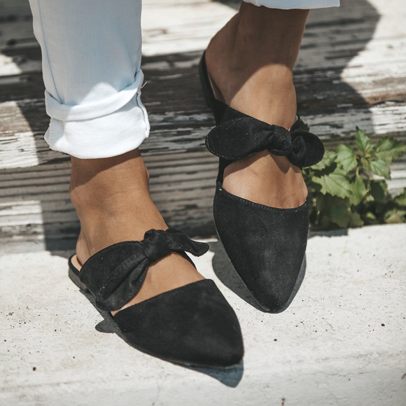 Black Suede Bow Slide Flats - Picture 2 of 4
